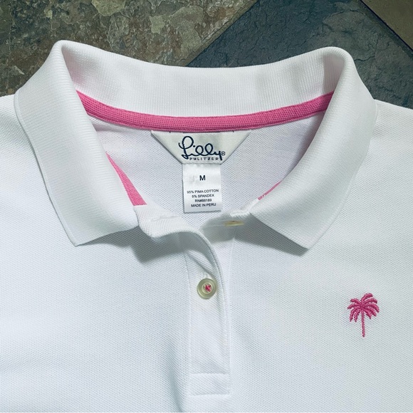 Lilly Pulitzer•M•Vintage White/Hot Pink Polo Shirt•95% Pima Cotton~5% Spandex🌼 - Picture 5 of 9
